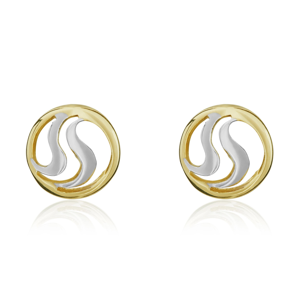 9ct Yellow and White Gold Circle Double Squiggle Stud Earrings