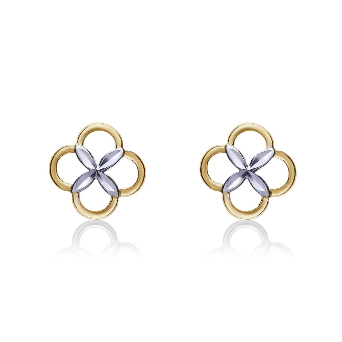 9ct Two Tone White and Yellow Gold Four Leaf Clover Stud Earrings