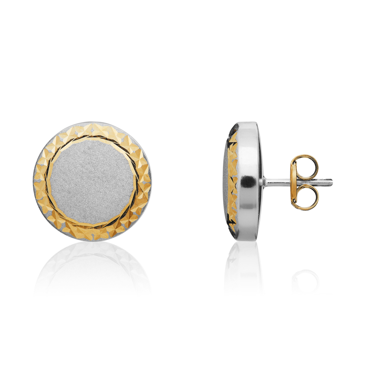 9ct Two Tone White and Yellow Gold Satin and Diamond Cut Stud Earrings — 12mm