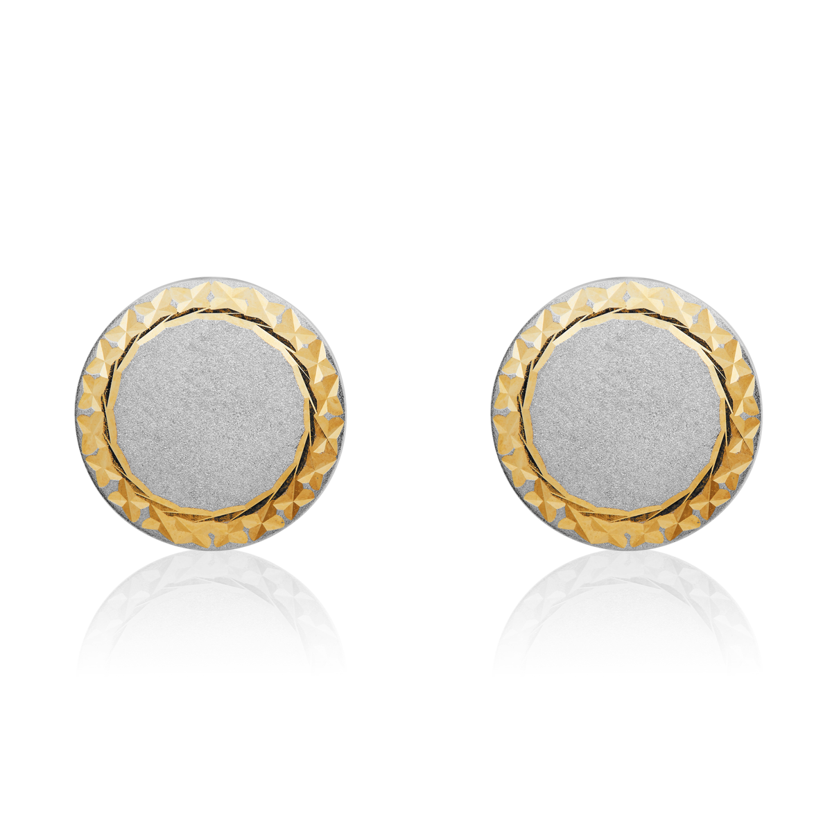 9ct Two Tone White and Yellow Gold Satin and Diamond Cut Stud Earrings — 12mm