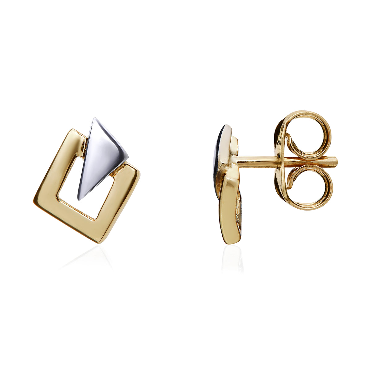 9ct Two Tone White and Yellow Gold Square and Triangle Stud Earrings