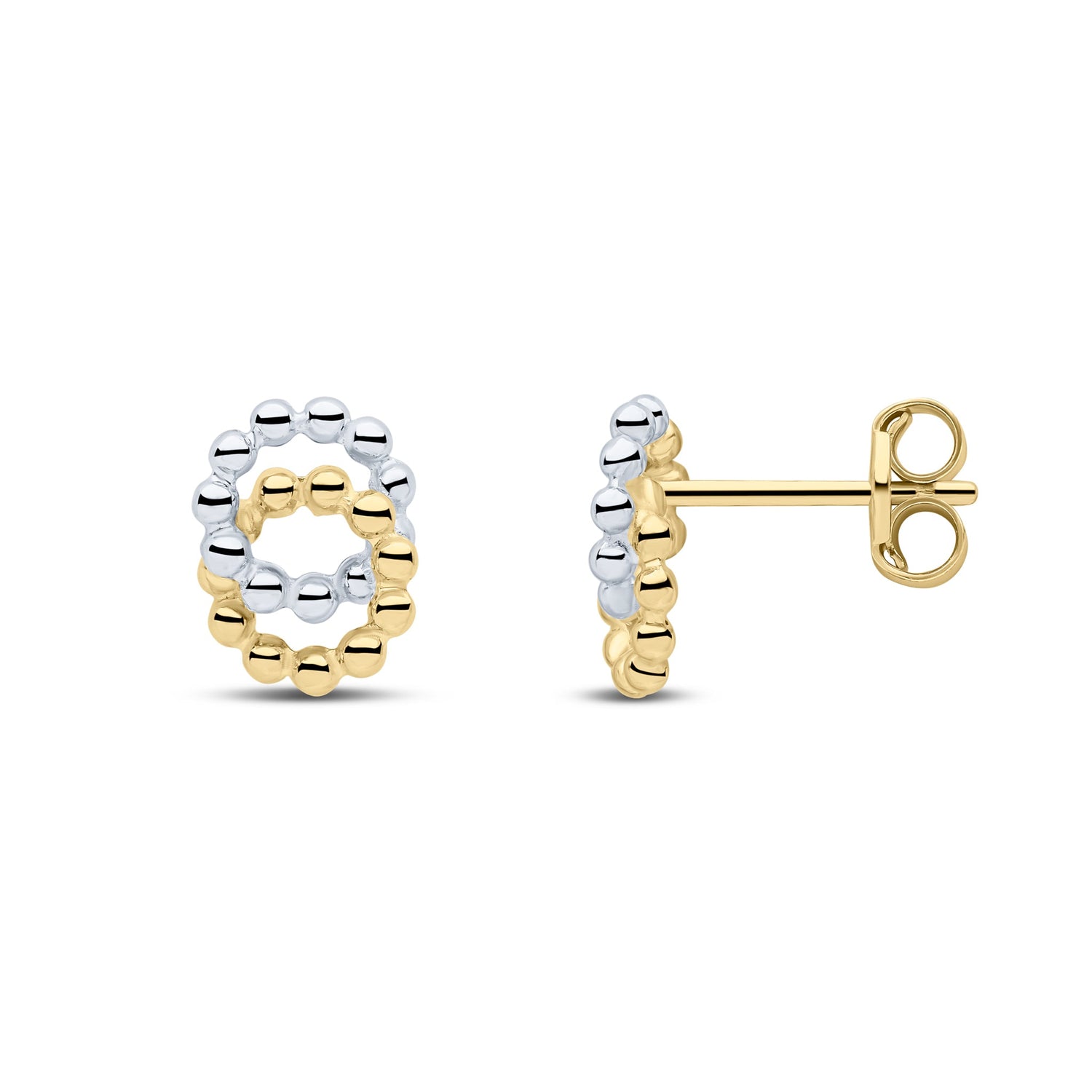 9ct Two Tone White and Yellow Gold Beaded Interlocked Circle Stud Earrings — 9x6.5mm