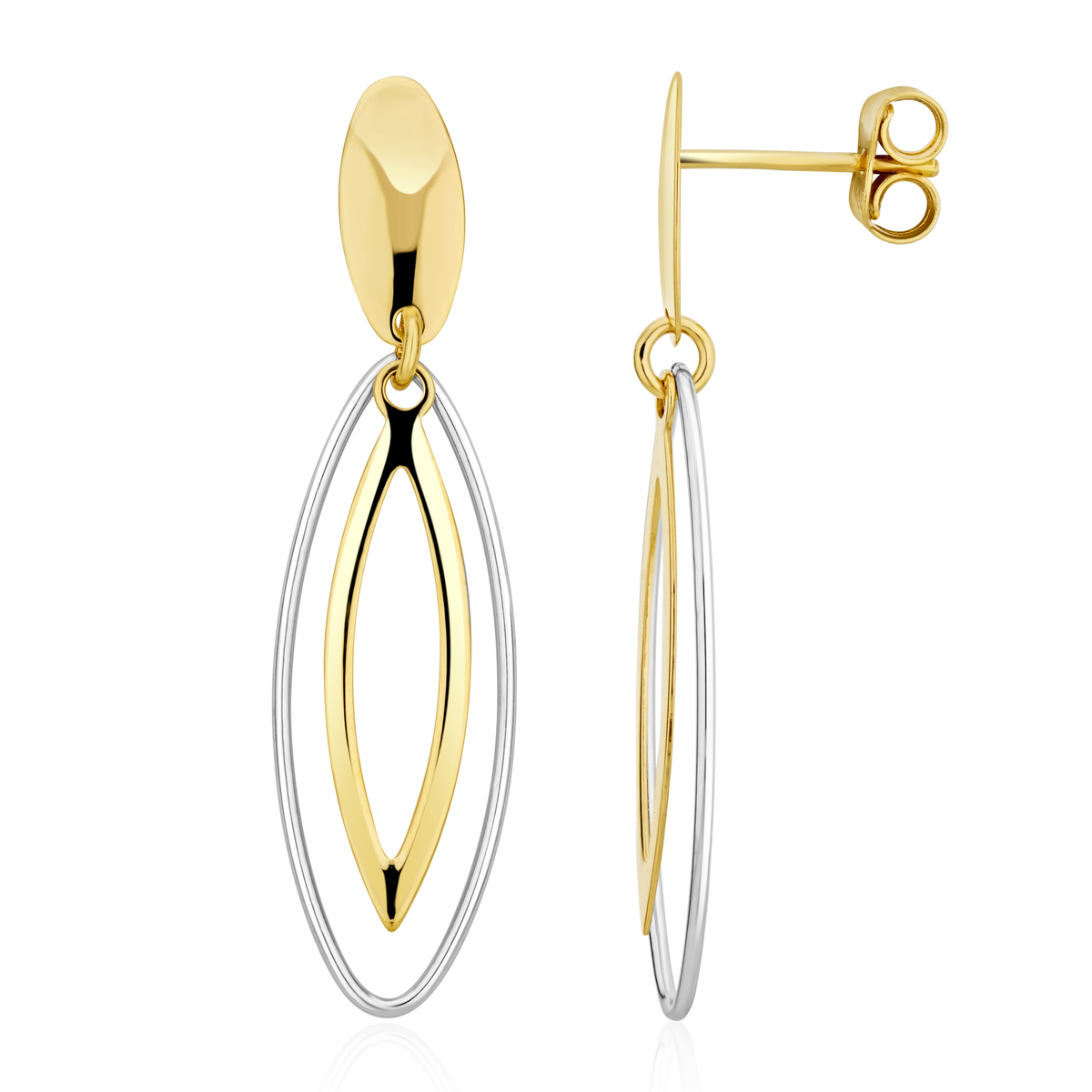 9ct Two Tone White and Yellow Gold Double Open Marquise Drop Earrings