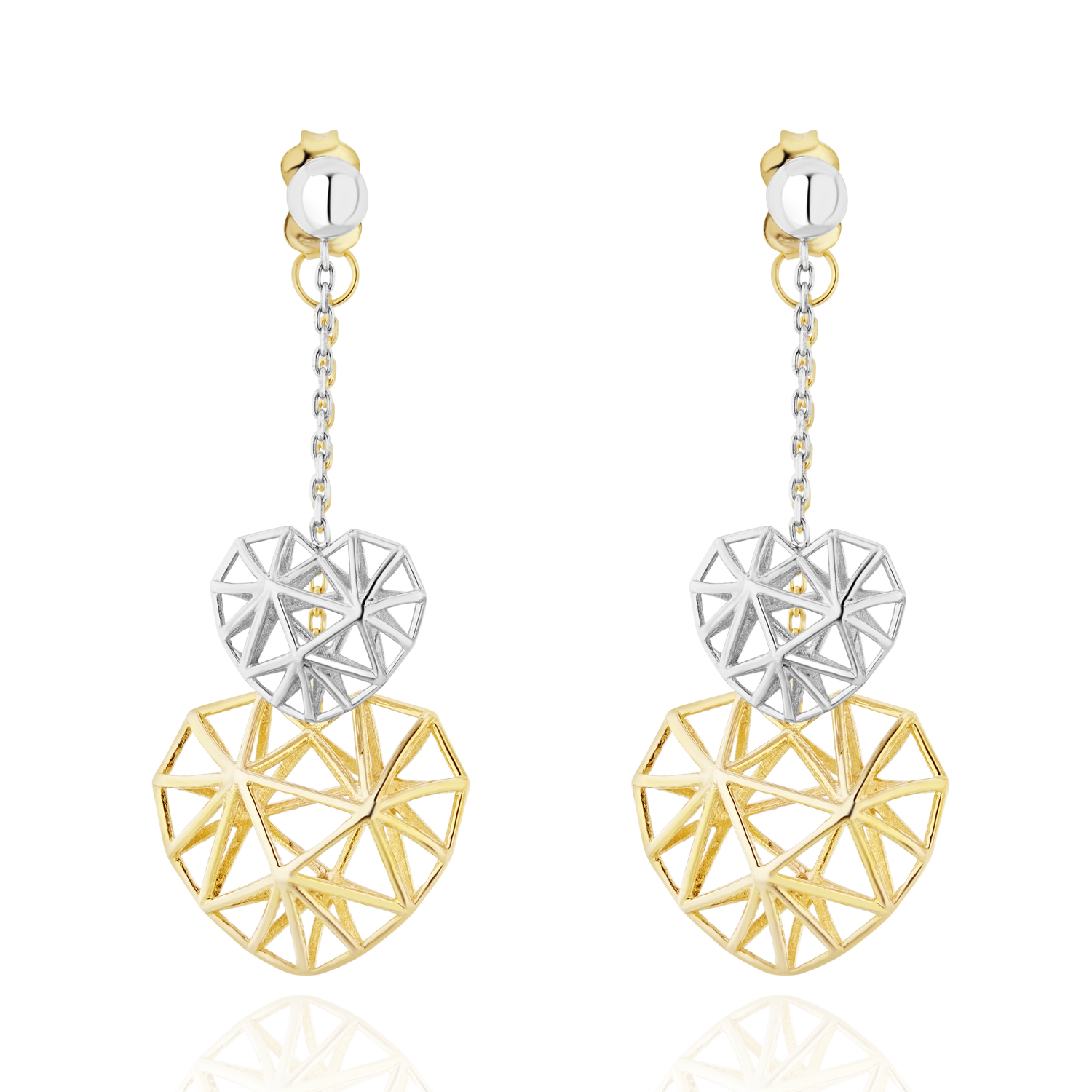 9ct Two Tone White and Yellow Gold Chain and Double Heart Drop Earrings