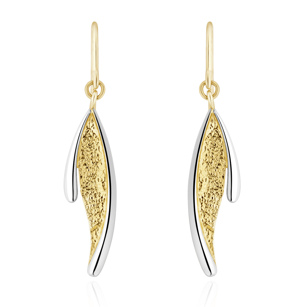 9ct Two Tone White and Yellow Gold Textured Leaf Drop Earrings