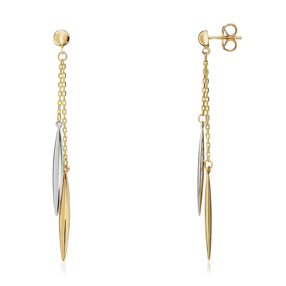 9ct Two Tone White and Yellow Gold Marquise Torpedo Chain Drop Earrings