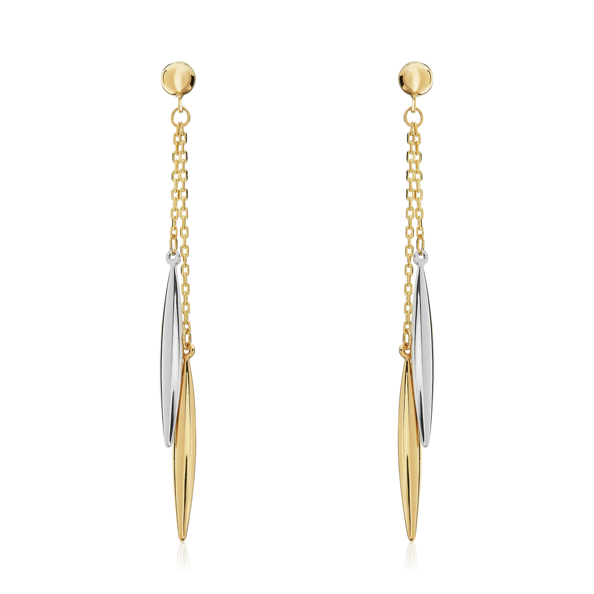 9ct Two Tone White and Yellow Gold Marquise Torpedo Chain Drop Earrings