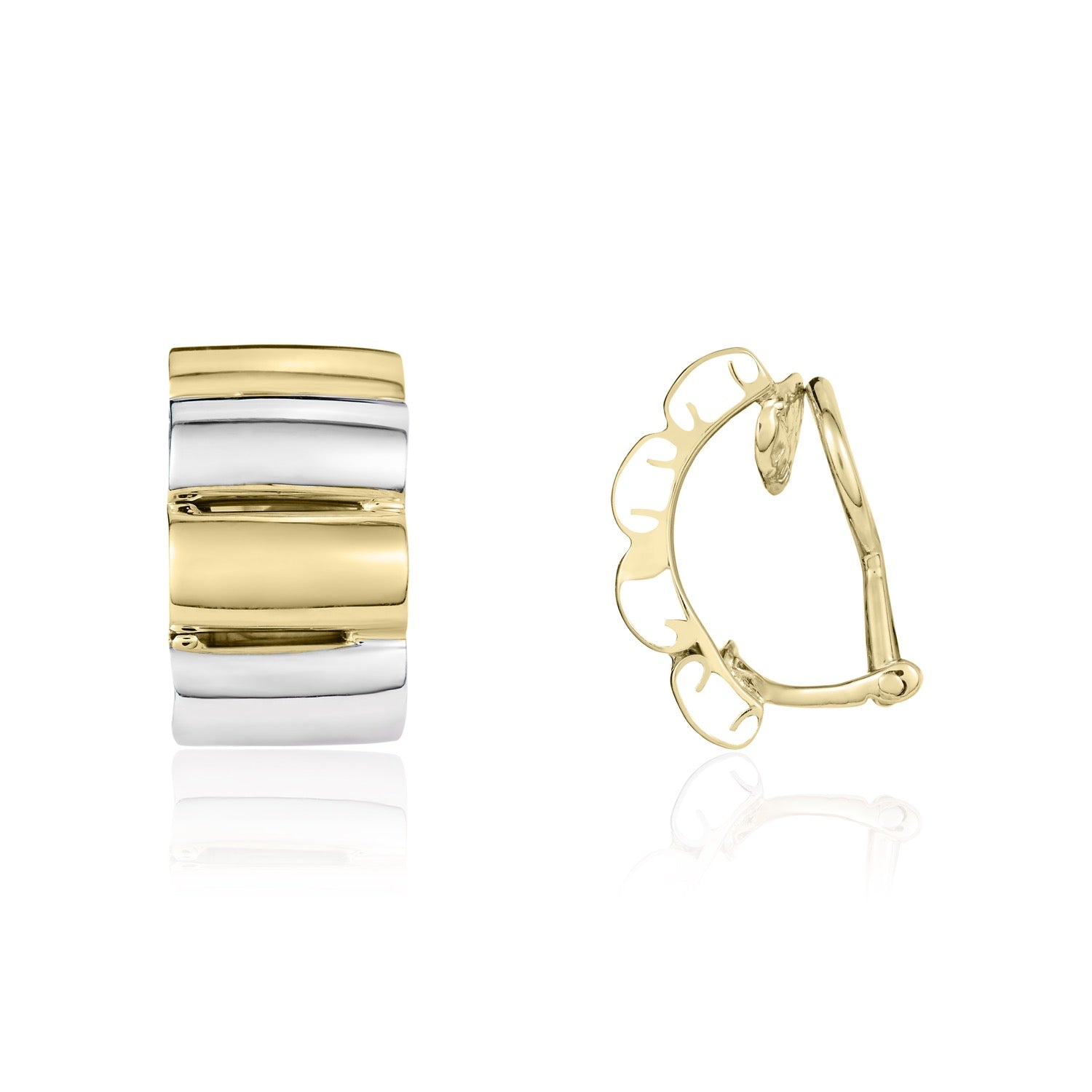 9ct Yellow and White Gold Ribbed Half Hoop Clip-On Earrings -- 15mm