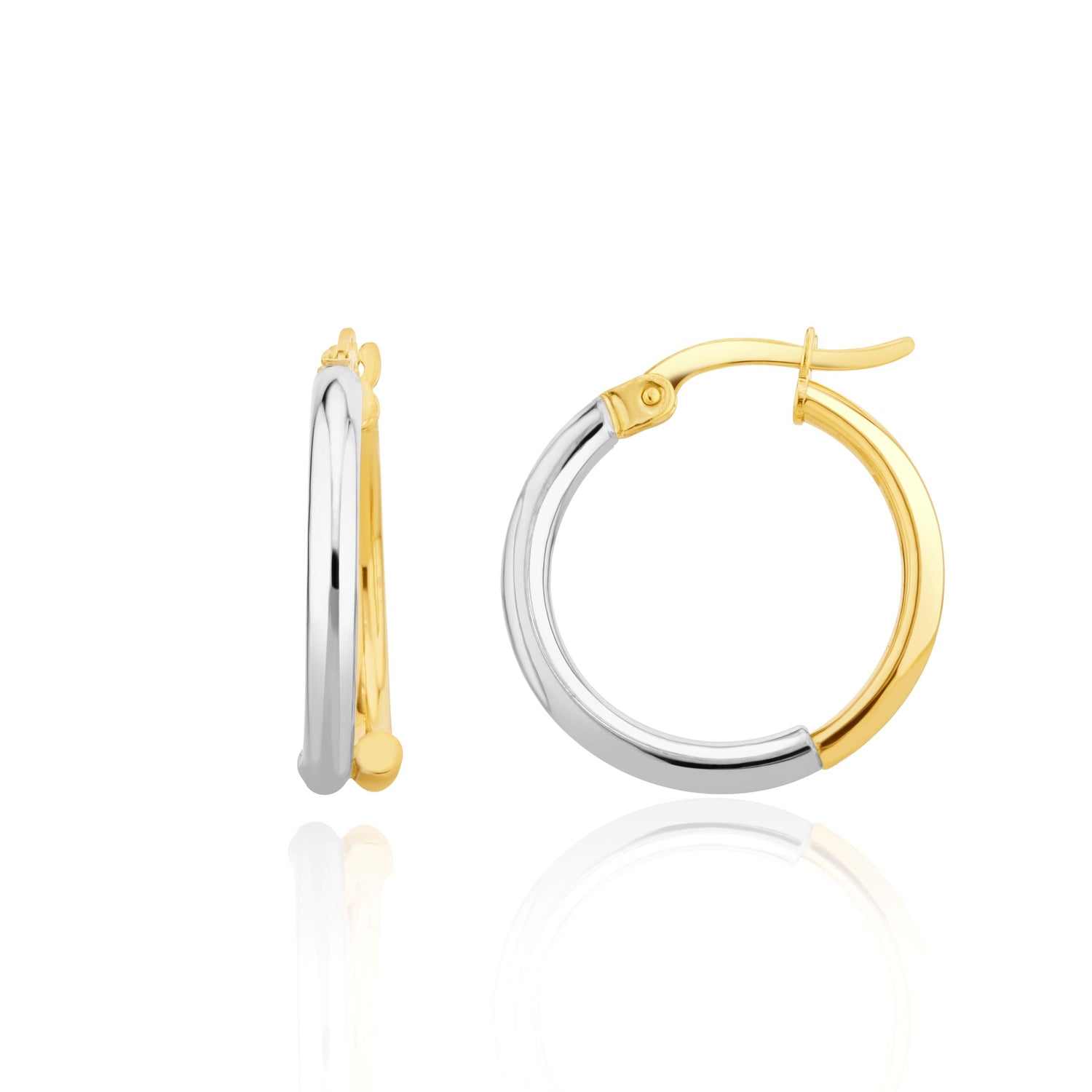 9ct Yellow and White Gold Half and Half Cross-Over Hoop Earrings — 19x2mm
