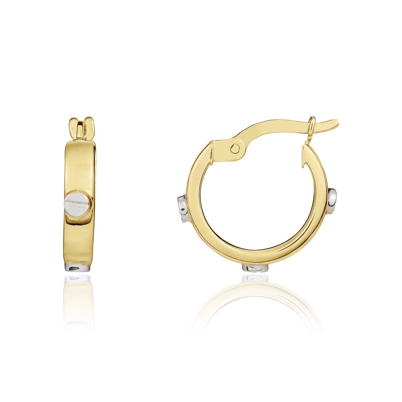9ct Two Tone White and Yellow Gold Screw Detail Hoop Earrings — 14.5x3mm