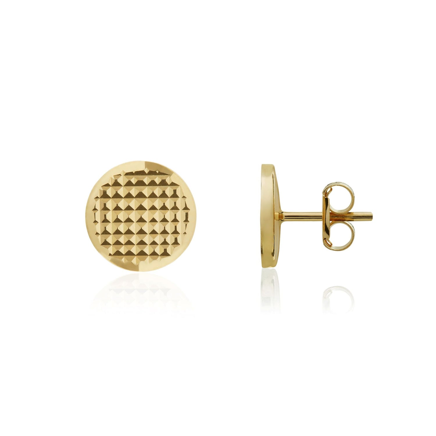 18ct Yellow Gold Engine Turned Flat Disc Stud Earrings – 6.5mm