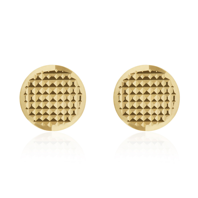 18ct Yellow Gold Engine Turned Flat Disc Stud Earrings — 8mm