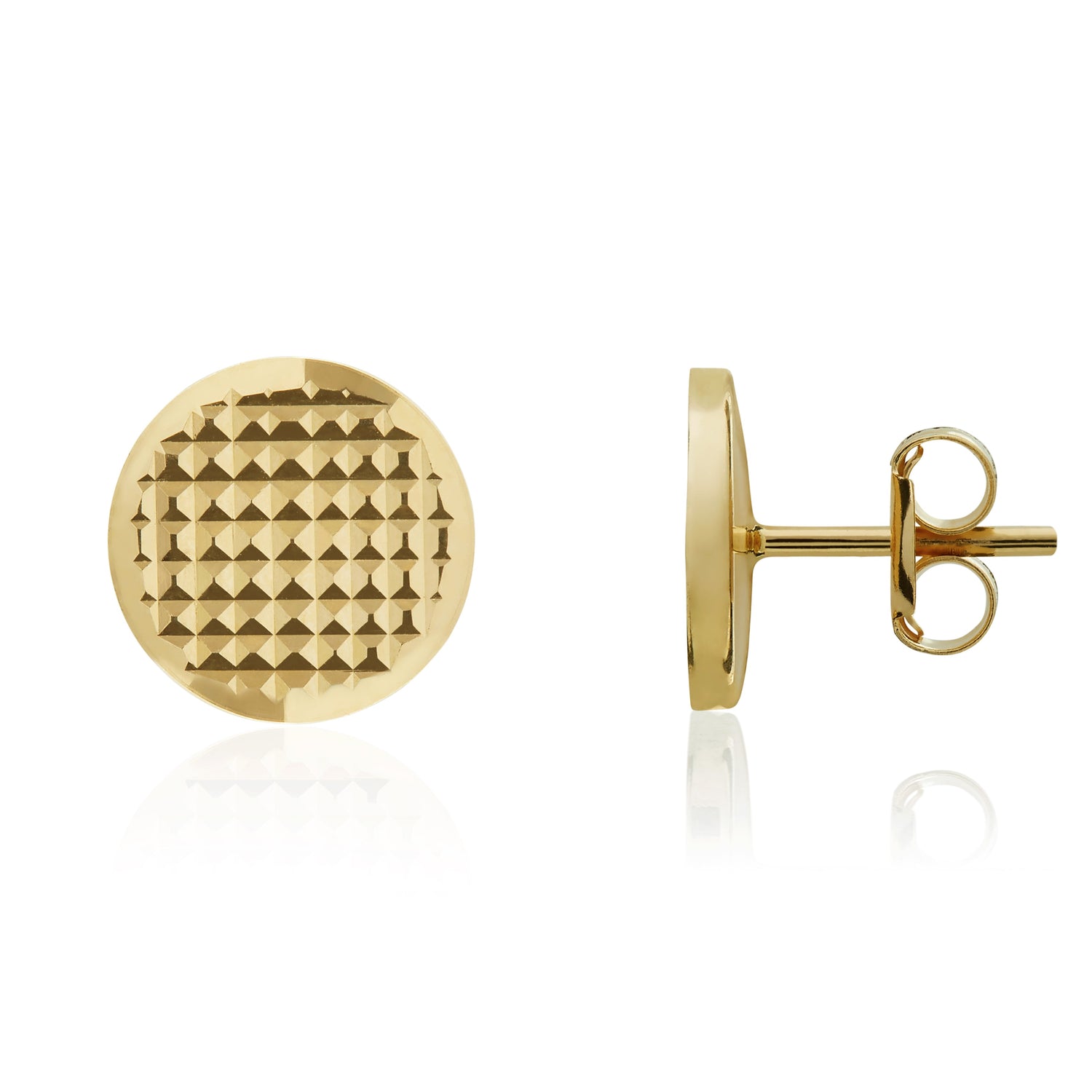 18ct Yellow Gold Engine Turned Flat Disc Stud Earrings – 8mm