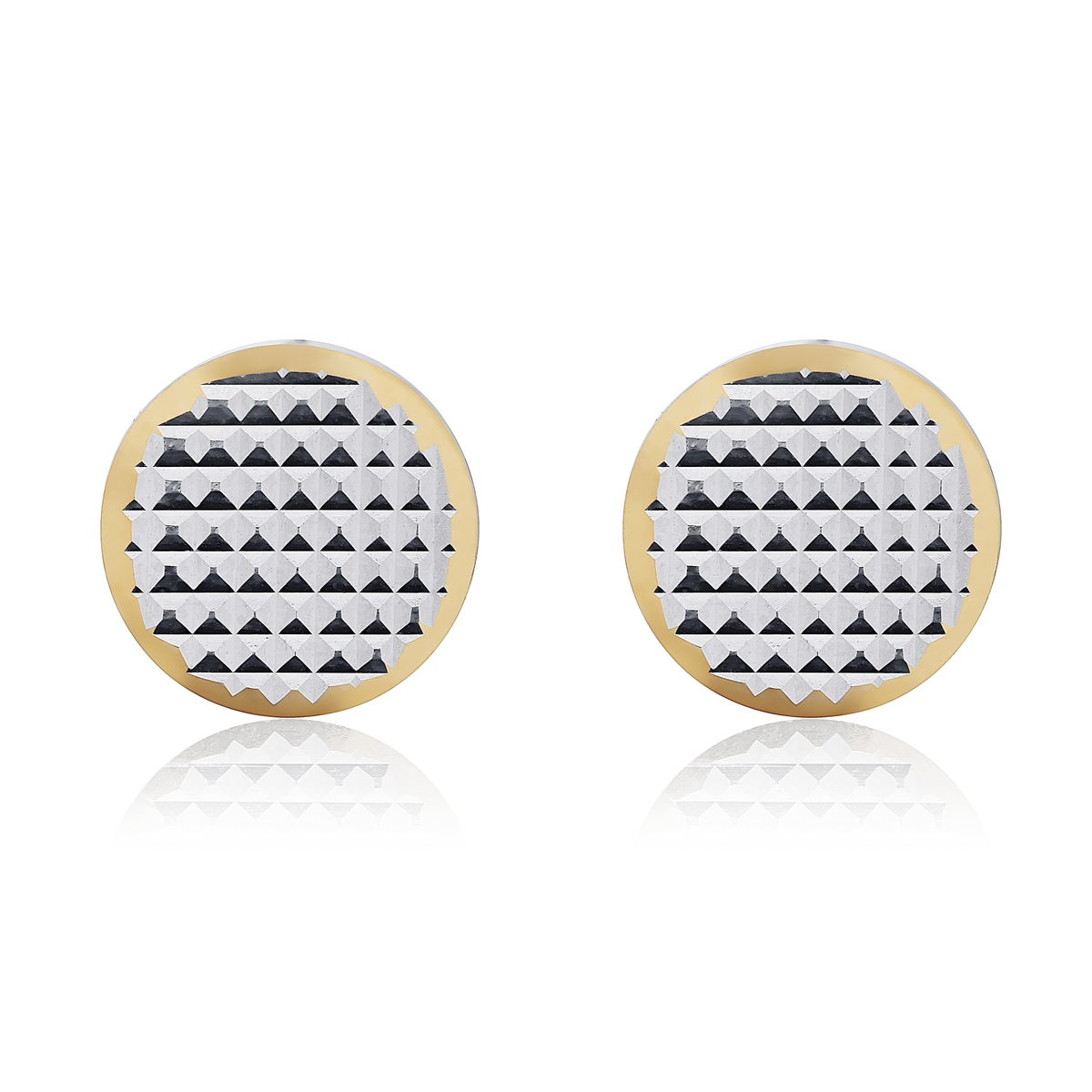 18ct Two Tone White and Yellow Gold Engine Turned Flat Disc Stud Earrings — 8mm
