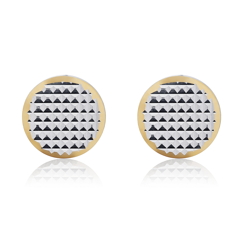18ct Yellow and White Gold Engine Turned Flat Disc Stud Earrings — 8mm
