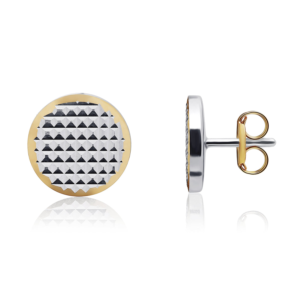 18ct Yellow and White Gold Engine Turned Flat Disc Stud Earrings — 8mm