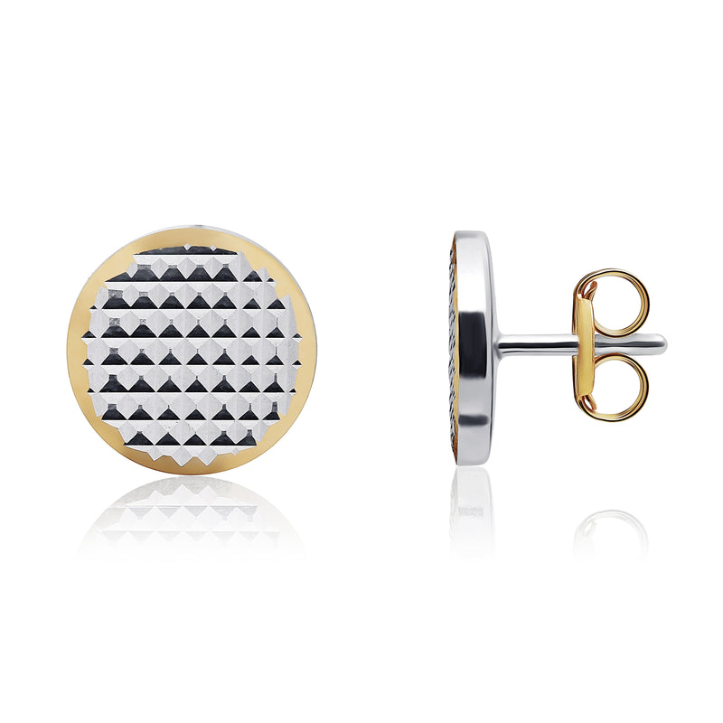 18ct Yellow and White Gold Engine Turned Flat Disc Stud Earrings — 8mm