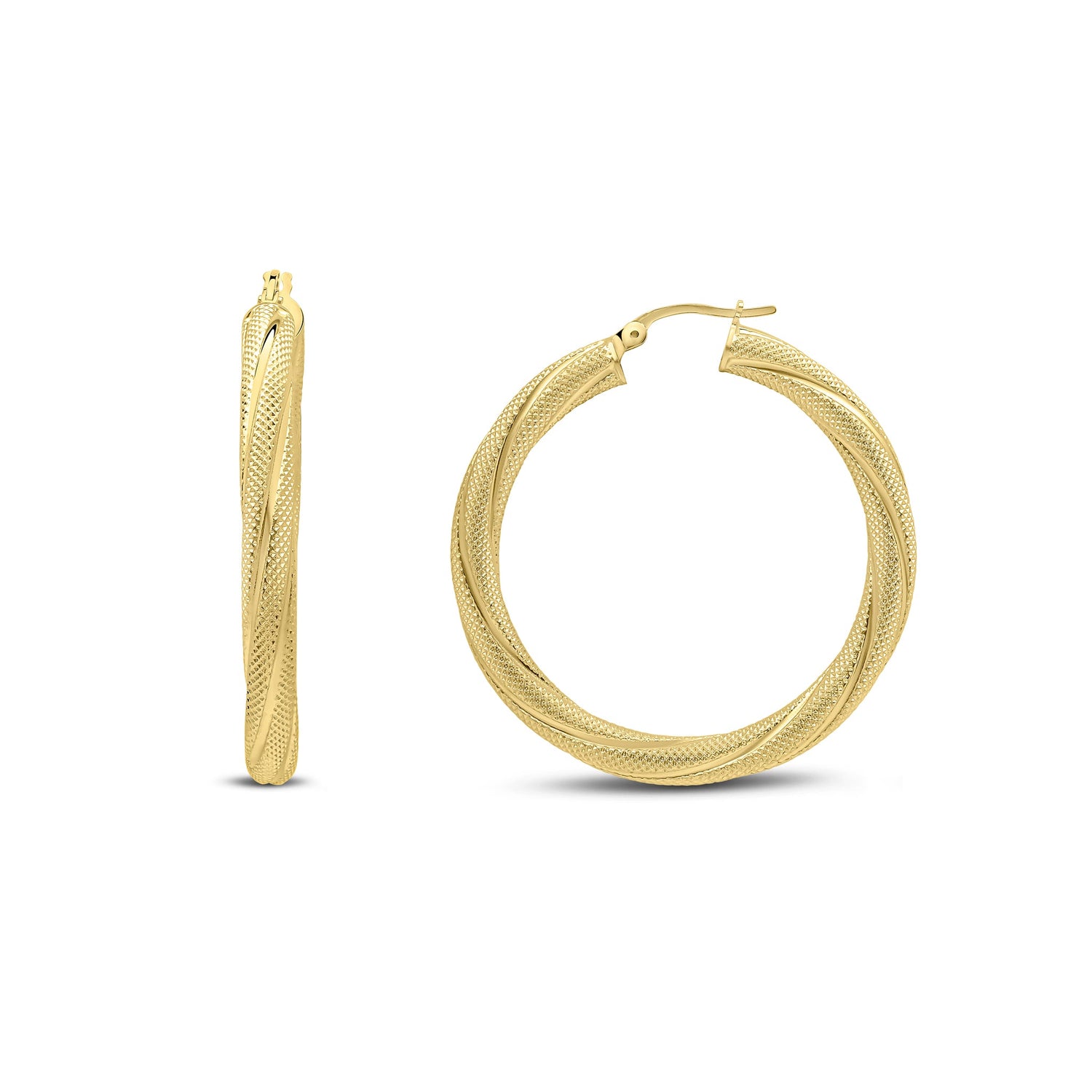 18CT Yellow Gold Thick Textured Twist Round Hoop Earrings — 38mm