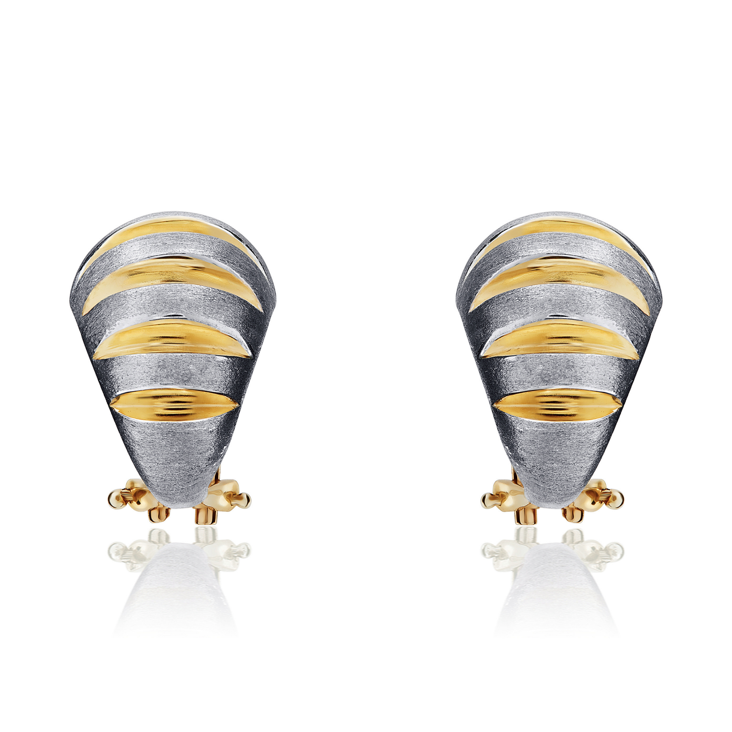 9ct Two Tone Yellow and White Polished and Satin Ribbed Peg Clip Earrings