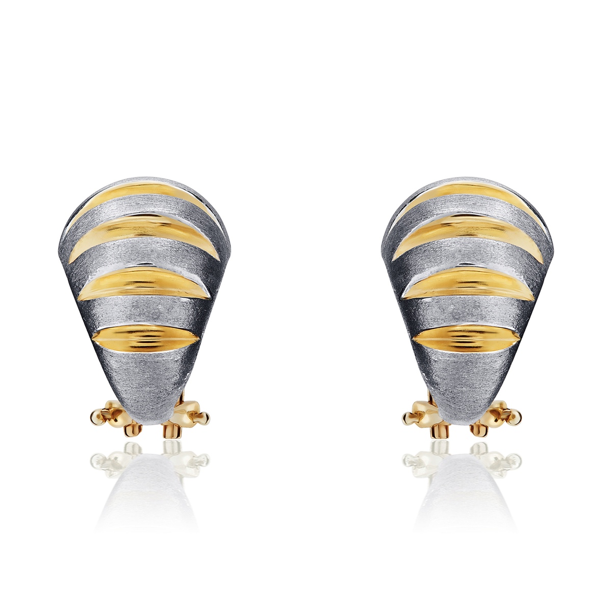 9ct Yellow and White Gold Polished and Satin Ribbed Peg and Clip Earrings