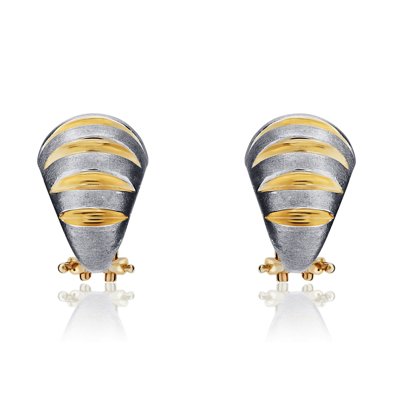 9ct Yellow and White Gold Polished and Satin Ribbed Peg and Clip Earrings