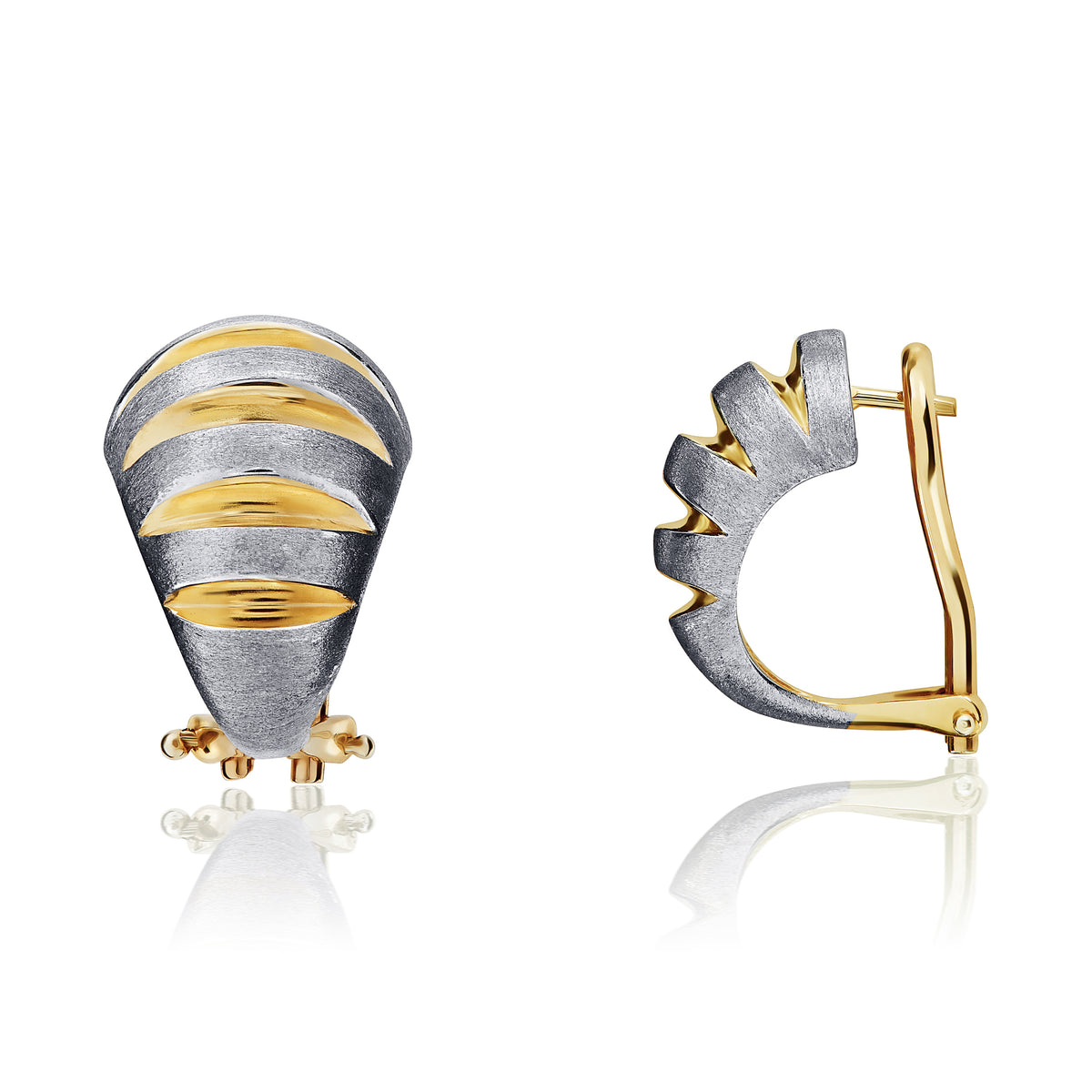 9ct Two Tone Yellow and White Polished and Satin Ribbed Peg Clip Earrings