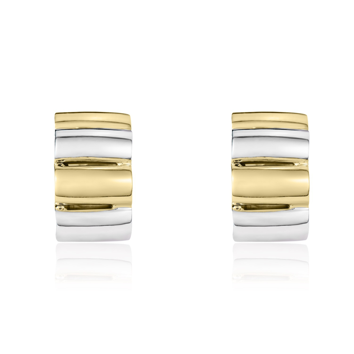 9ct Two Tone Yellow and White Gold Ribbed Curve Peg and Clip Earrings