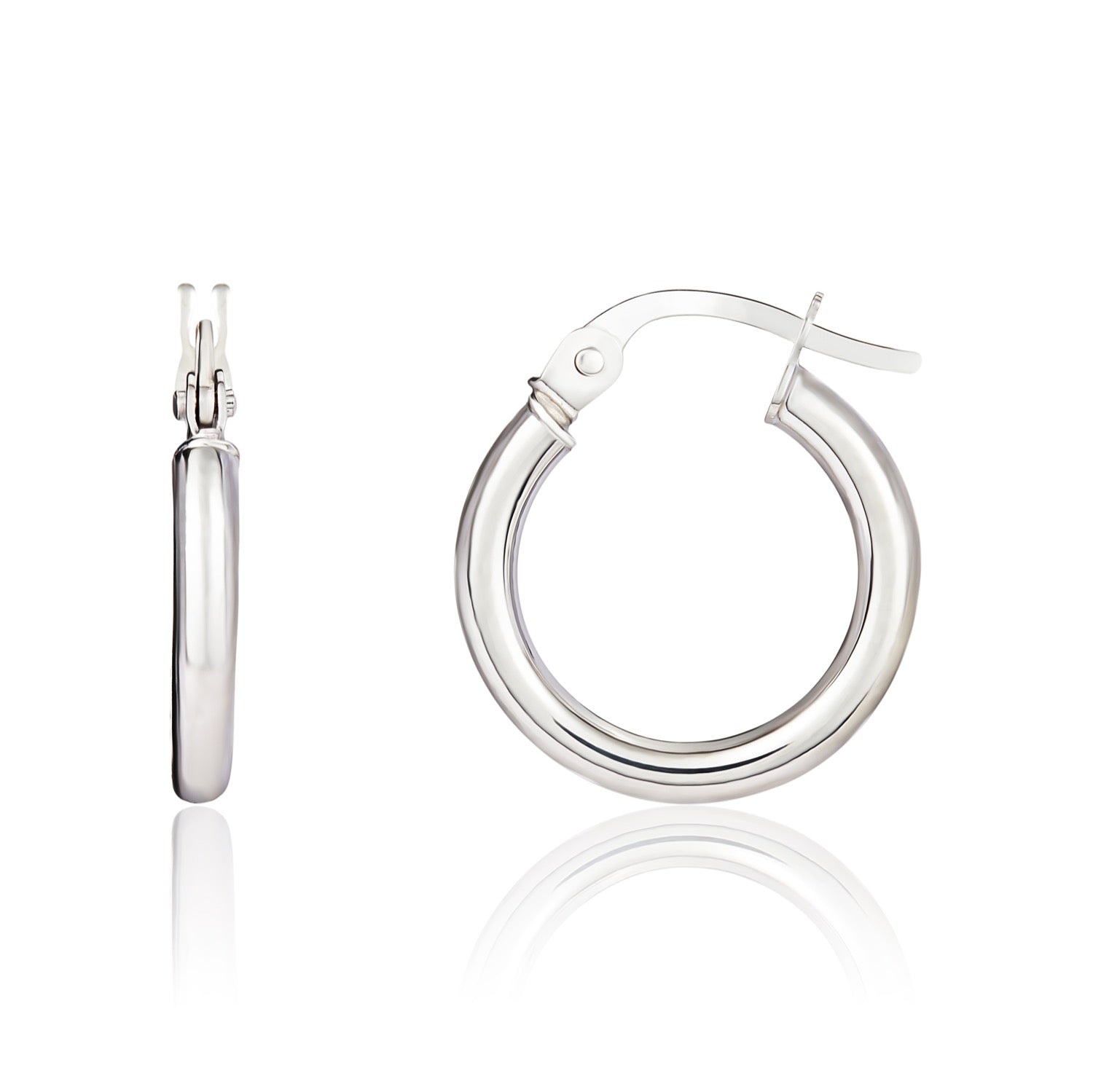 18ct White Gold Polished Round Tube Hoop Earrings — 14x2mm