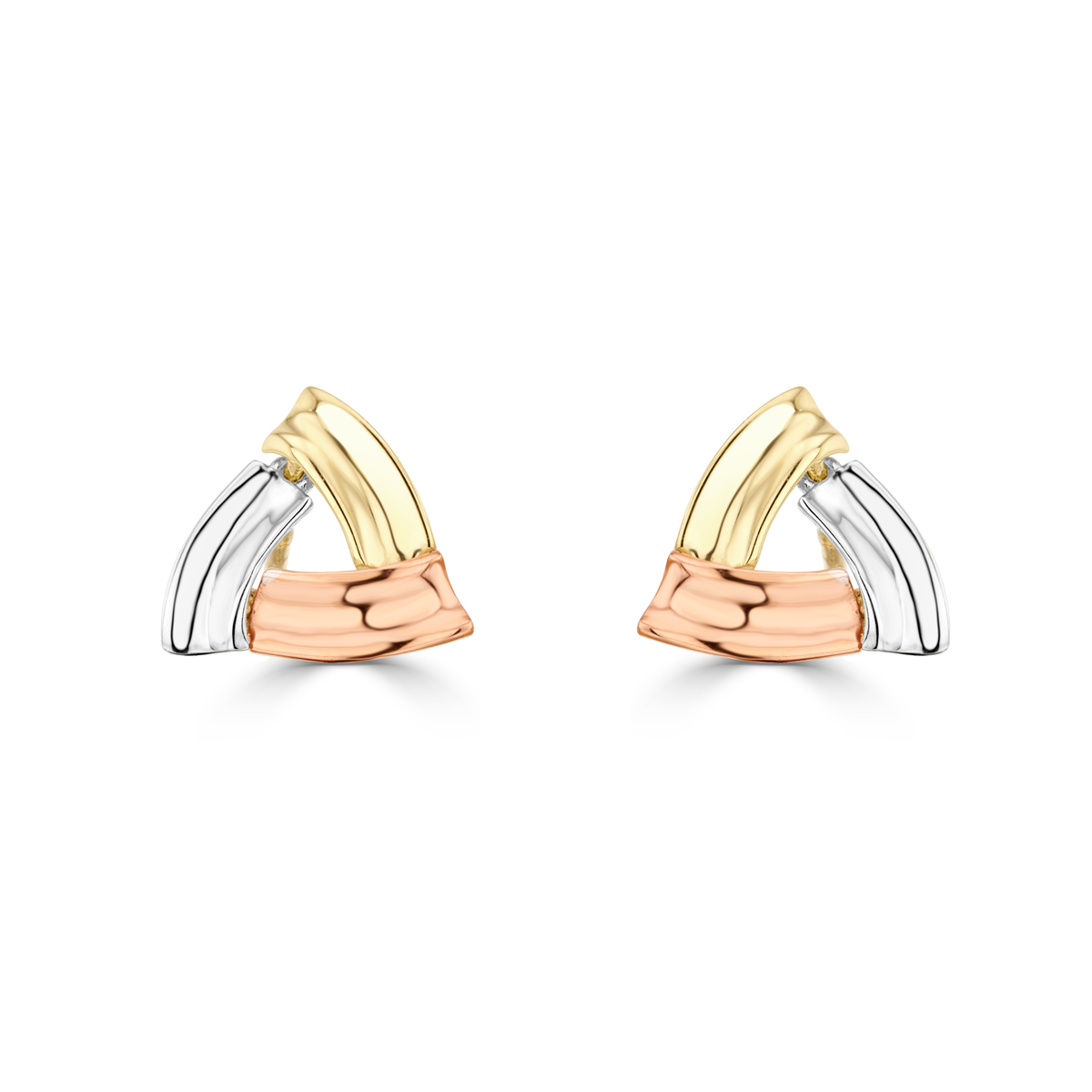 9ct Three Tone Yellow, White and Rose Gold Polished Triangle Ribbed Stud Earrings