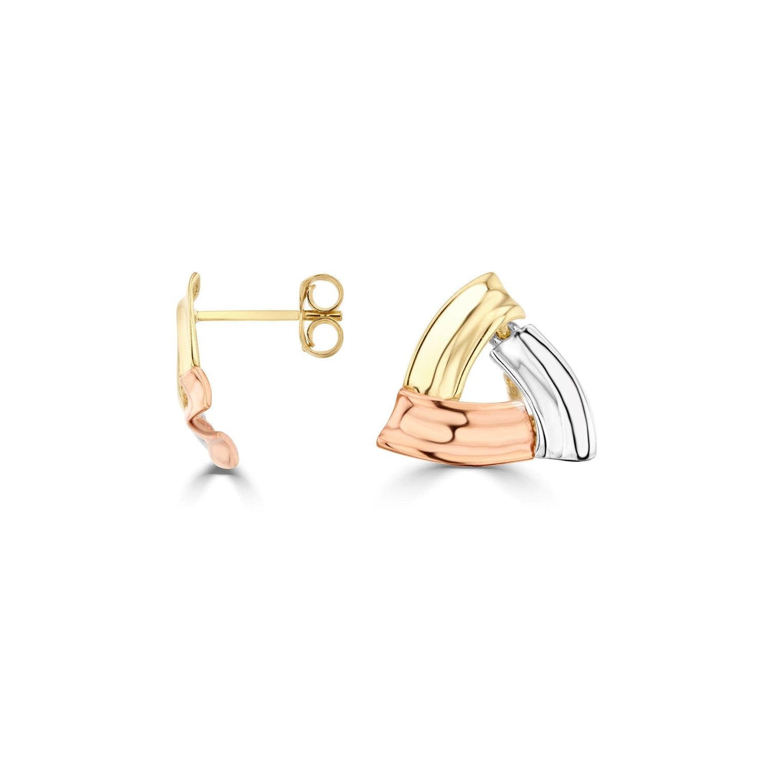 9CT Three Tone Yellow, White & Rose Gold Polished Triangle Ribbed Stud Earrings – 12mm