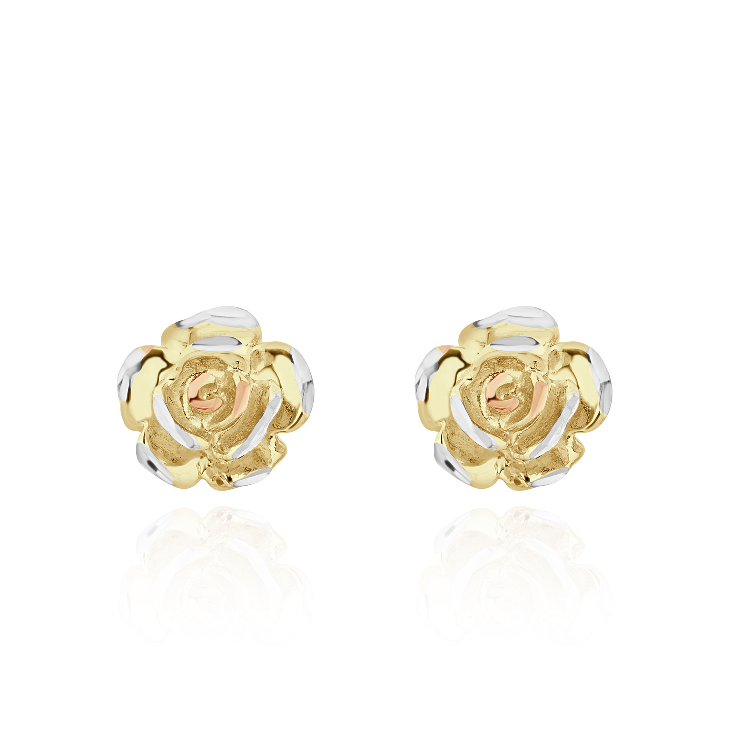 9ct Three Tone Yellow, White and Rose Gold Rose Stud Earrings - 9.5mm