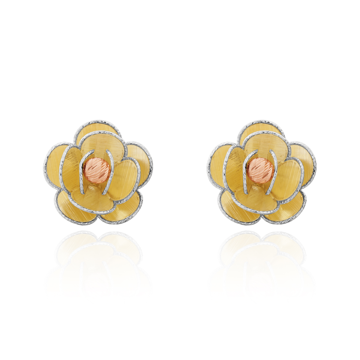 9ct Three Tone Yellow, White and Rose Gold Textured Rose Stud Earrings — 16mm