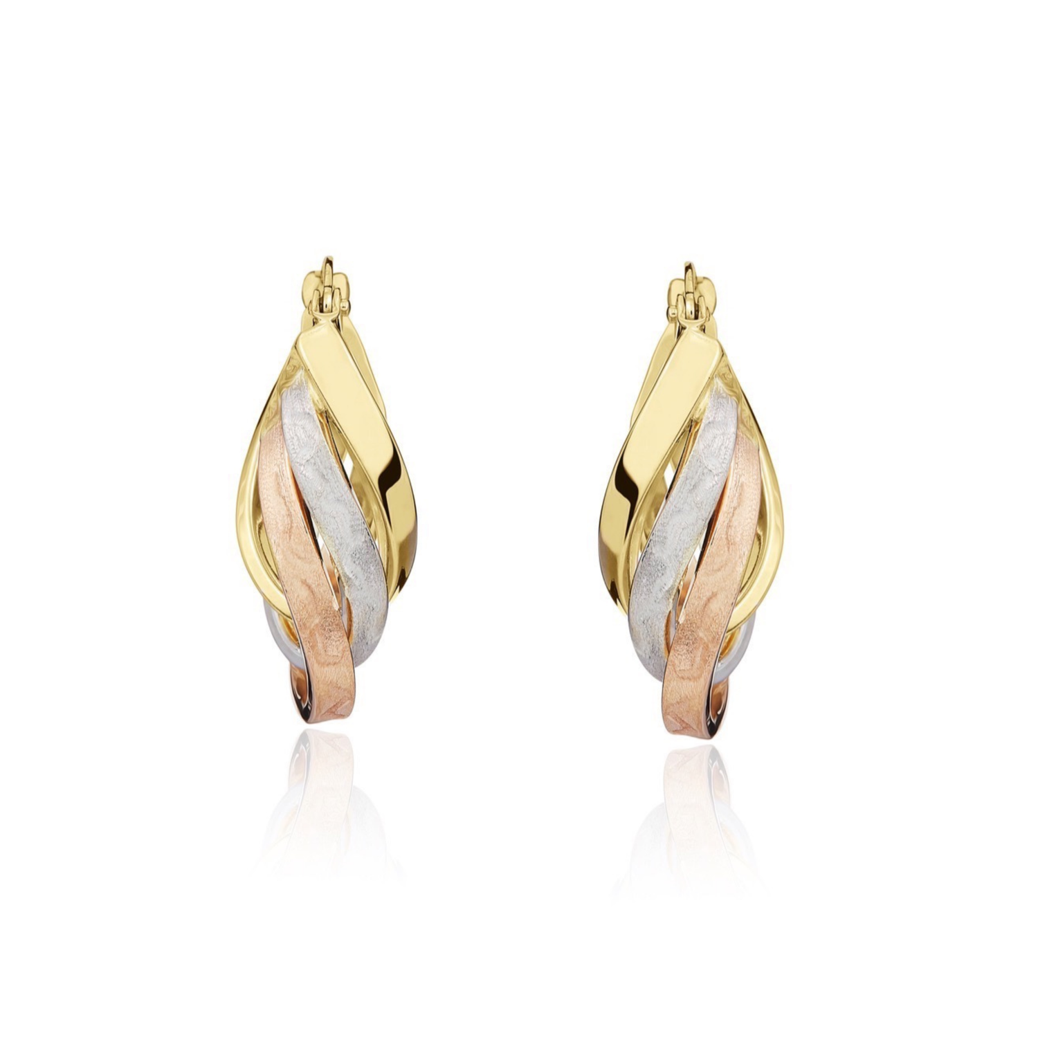 9ct Three Tone Yellow, White and Rose Gold Satin and Polished 3 Row Hoop Earrings