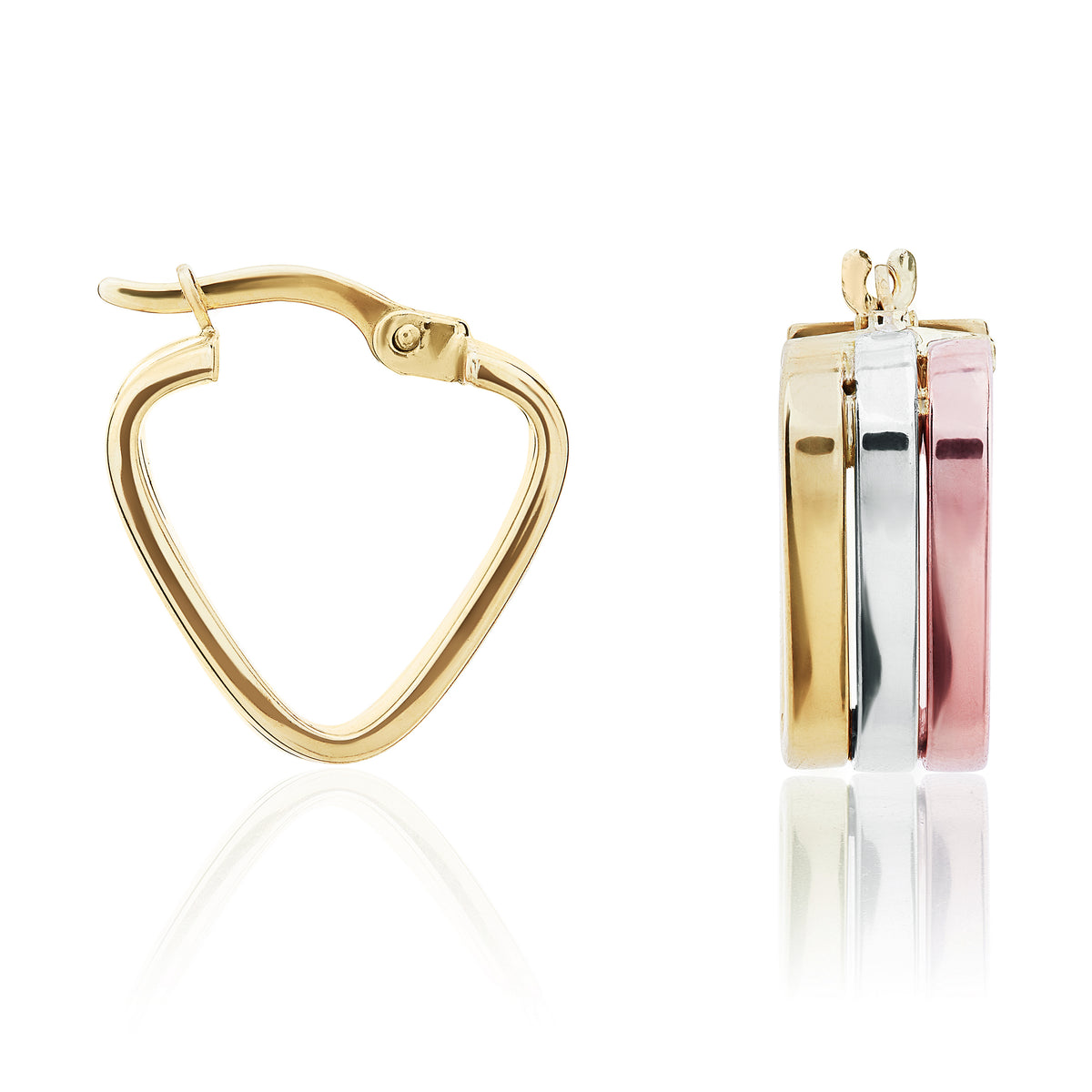 9ct Three Tone Yellow, White And Rose Gold 3 Row Triangular Hoop Earrings