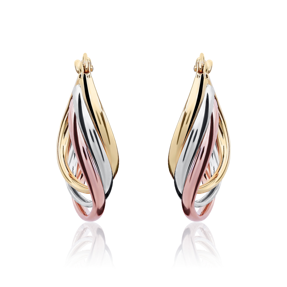 9ct Three Colour Gold 3 Row Wavy Oval Hoop Earrings