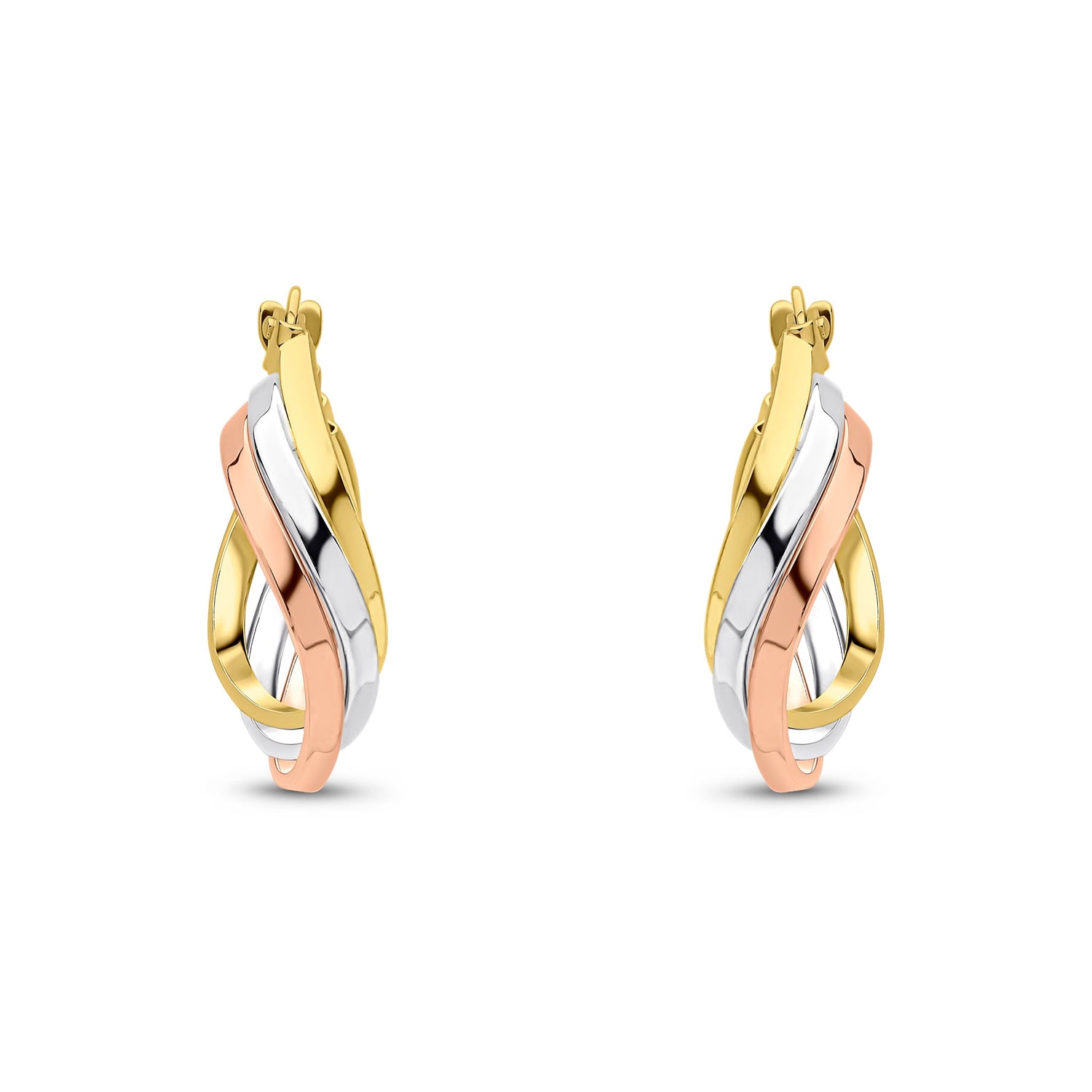 9CT Three Tone Yellow, White & Rose Gold 3 Row Curved Hoop Earrings