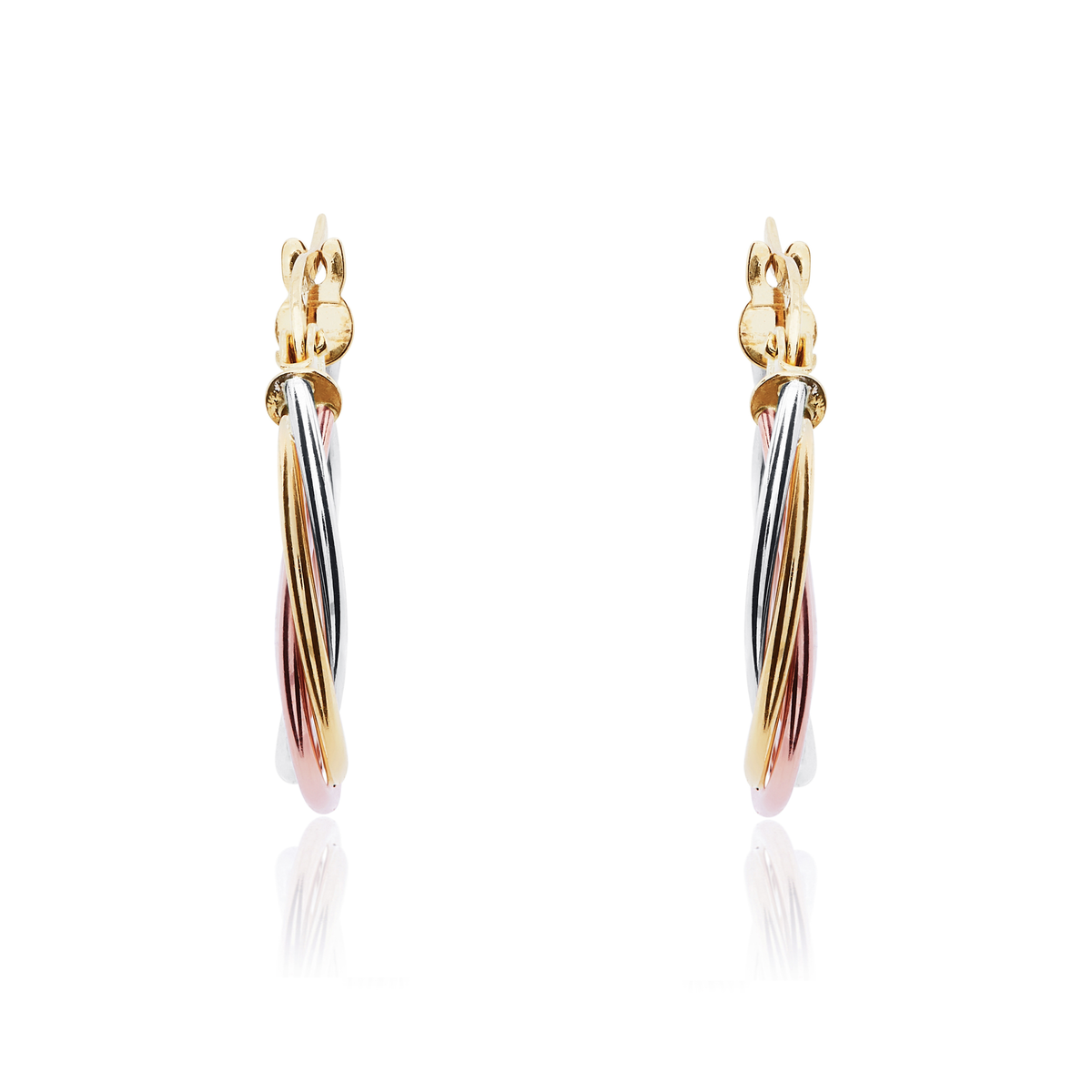 9ct Three Tone Yellow, White And Rose Gold Thin Wire Russian Hoop Earrings — 19.5mm