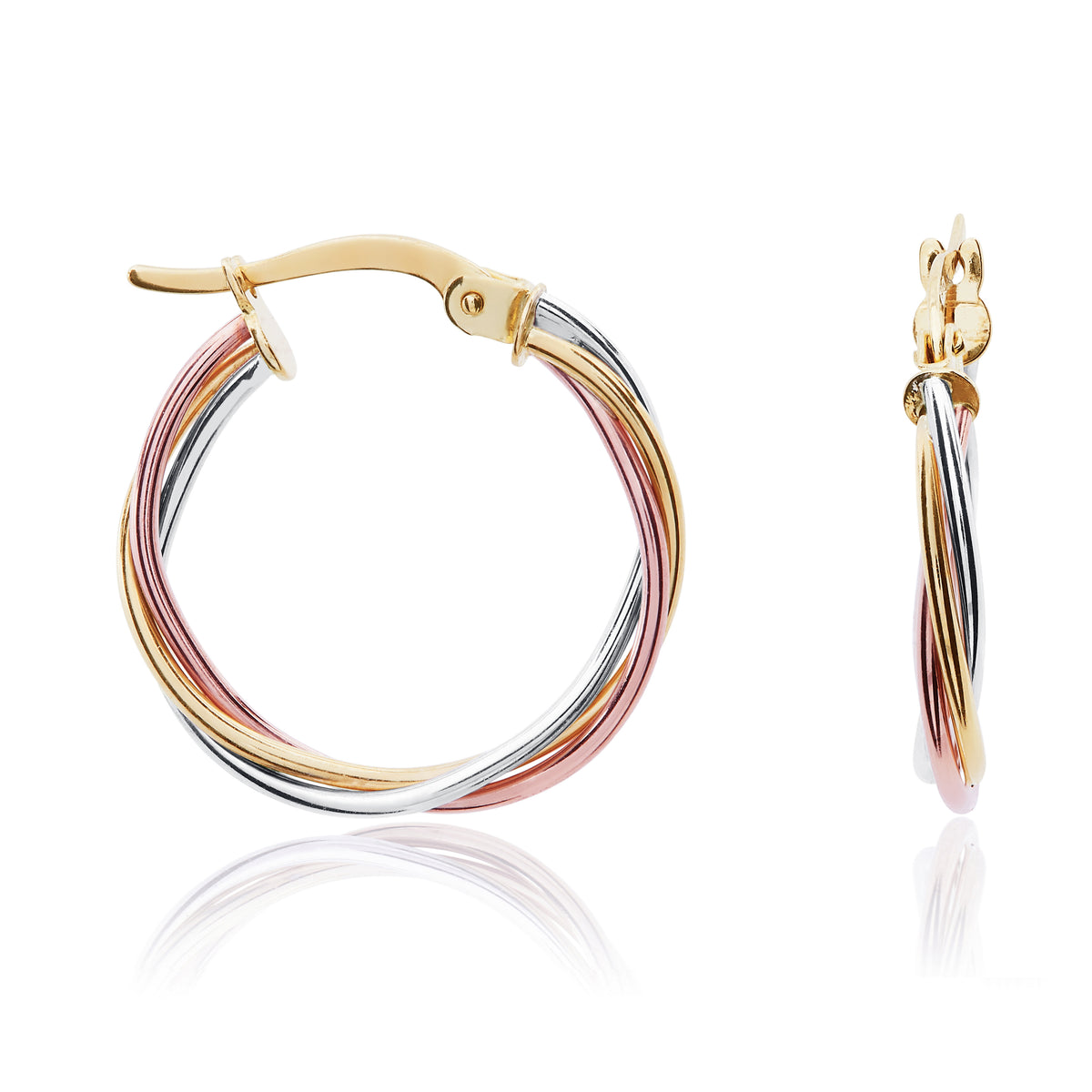 9ct Three Tone Yellow, White And Rose Gold Thin Wire Russian Hoop Earrings — 19.5mm