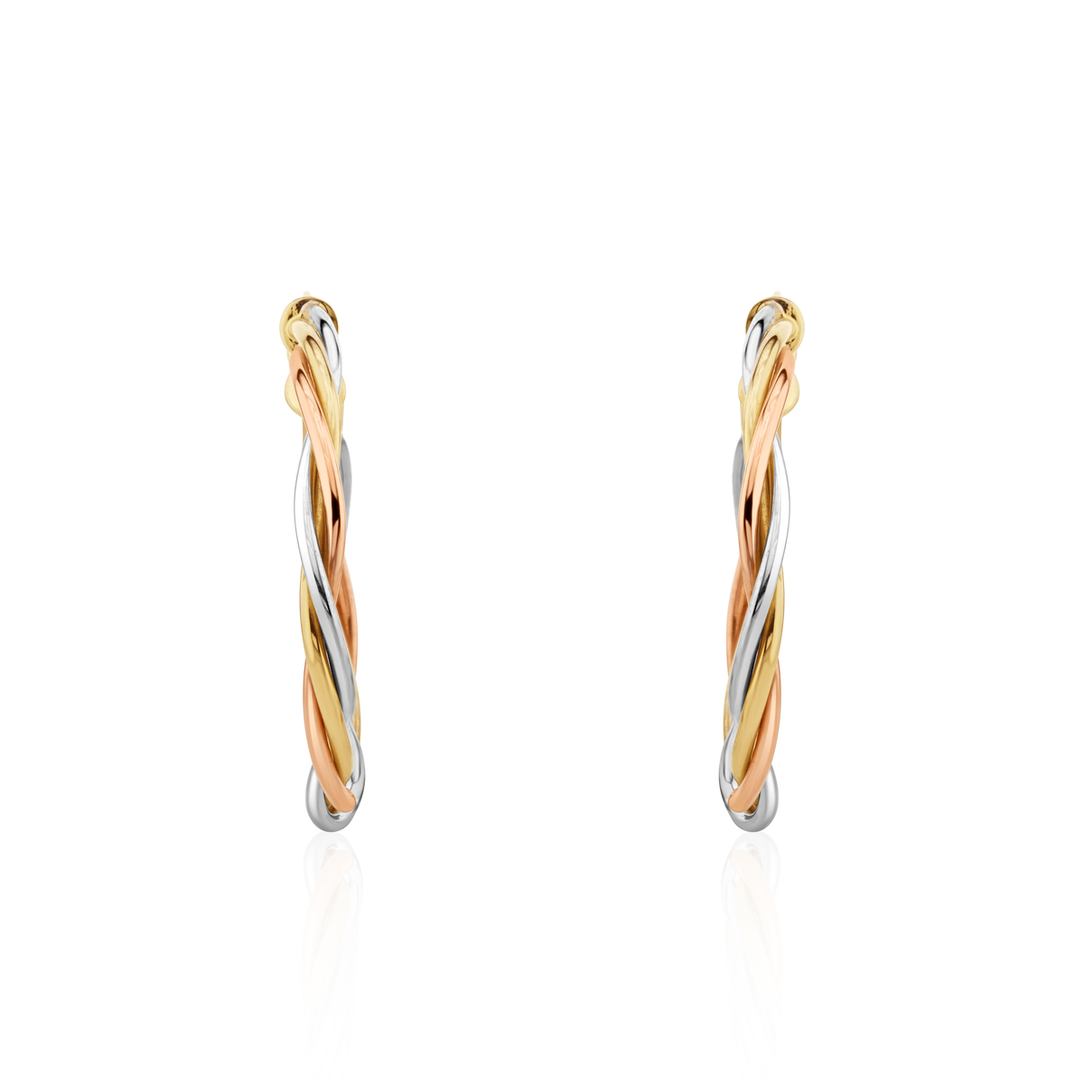 9ct Three Tone Yellow, White And Rose Gold Thin Wire Russian Hoop Earrings — 26mm