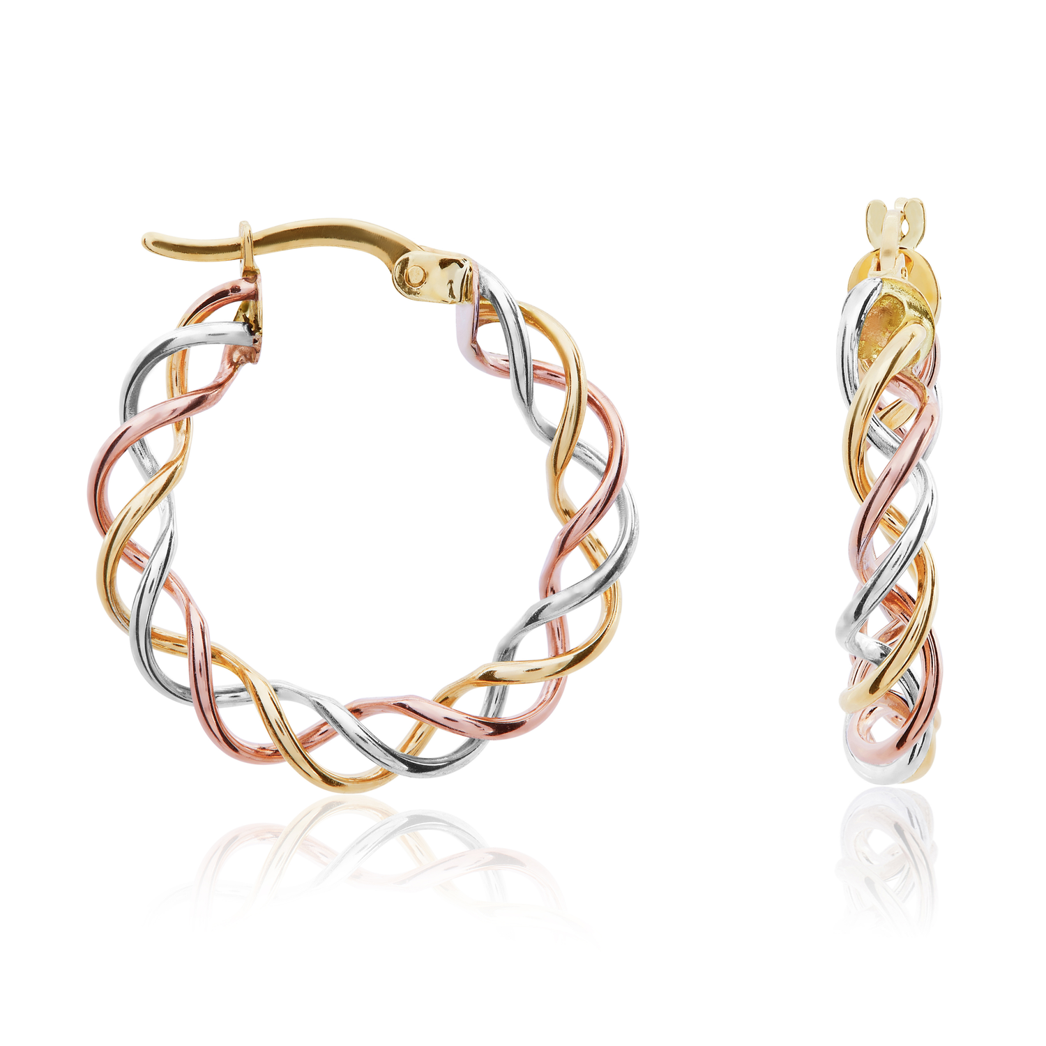 9ct Three Colour Gold Open Twist Hoop Earrings