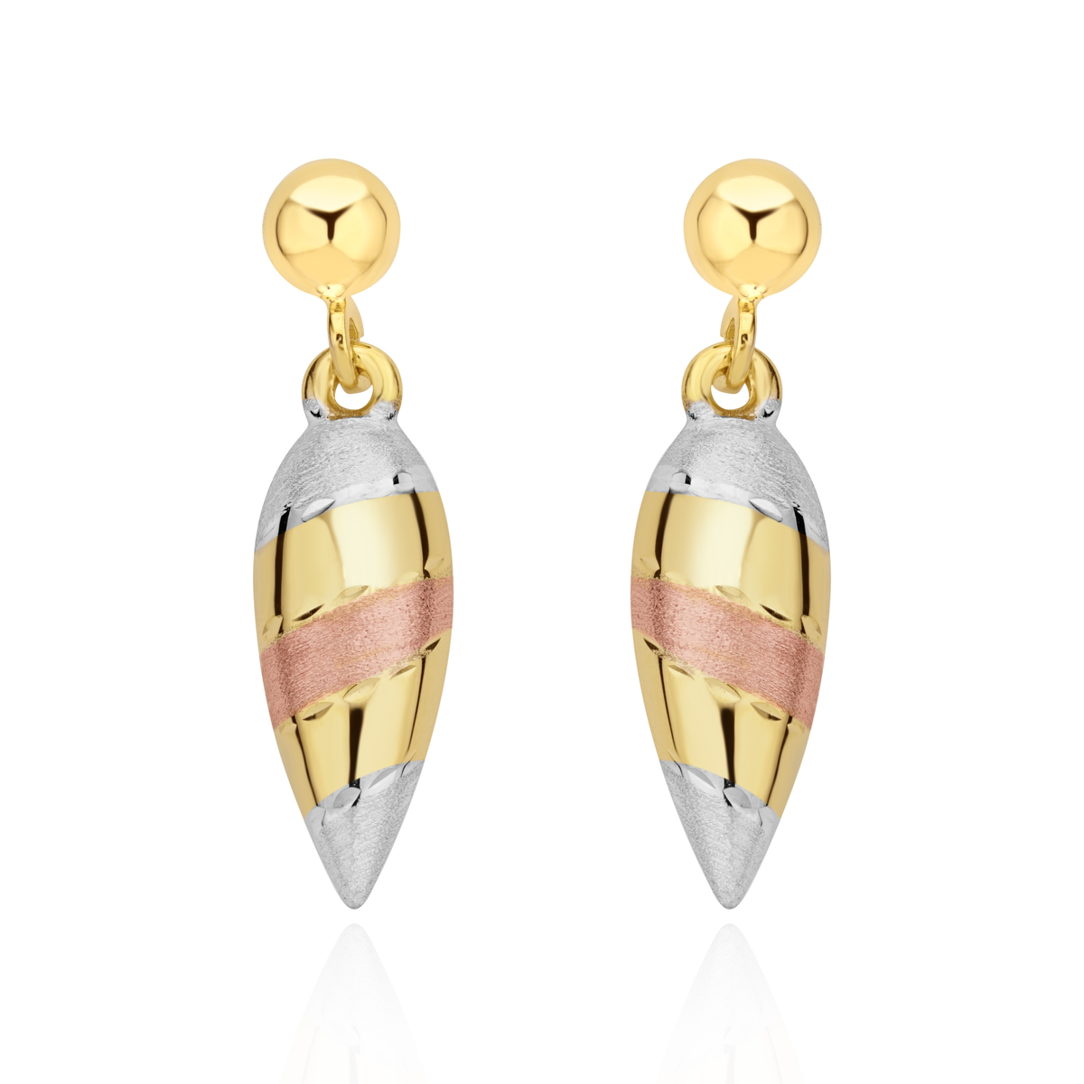 9ct Three Tone Yellow, White and Rose Gold Stripe Pointed Drop Earrings