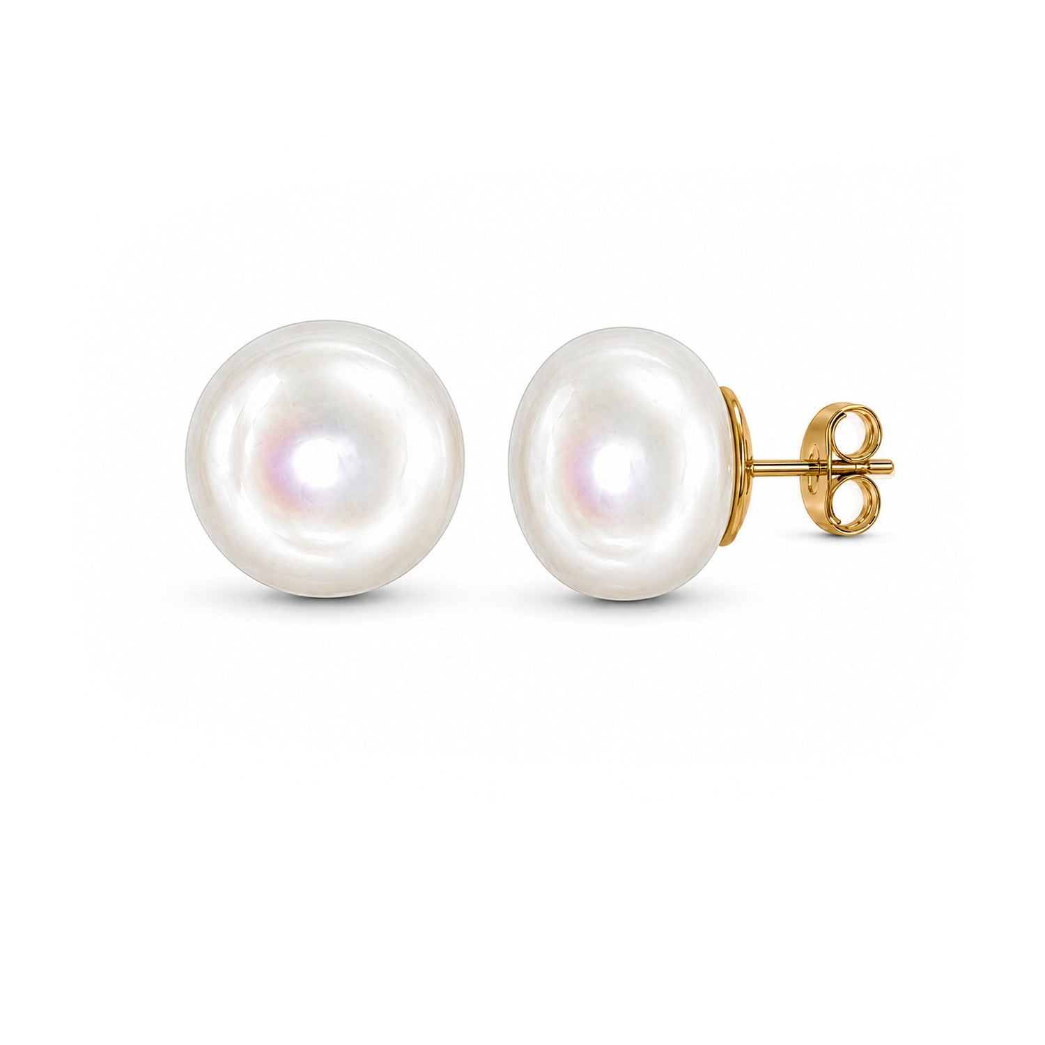 9ct Yellow Gold Natural Freshwater Button Pearl Stud Earrings — 11-11.5mm