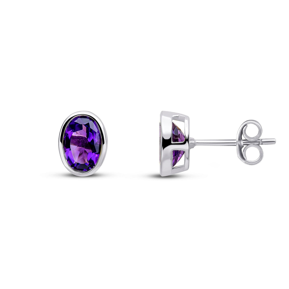 9ct White Gold Oval Natural Amethyst Rubover Stud Earrings — 7x5mm