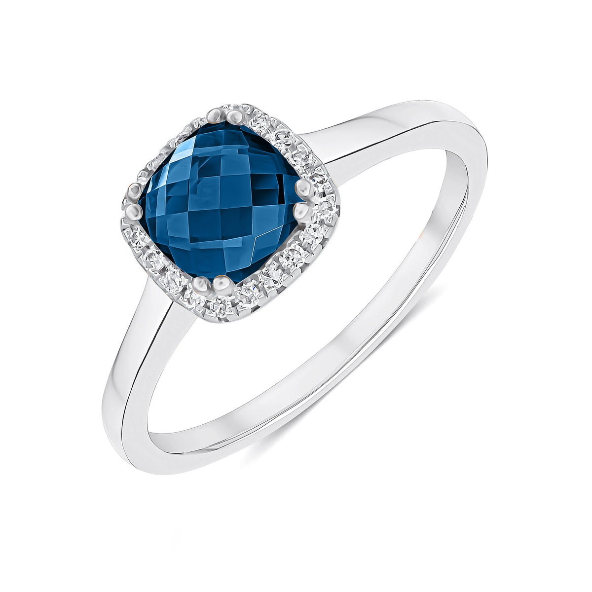 9ct White Gold Checkerboard Cut Cushion Natural London Blue Topaz & Natural Diamond Cluster Ring — 6mm