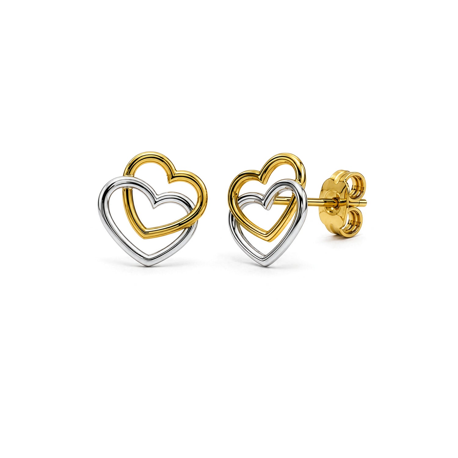 9ct Yellow and White Gold Polished Interlocking Open Heart Stud Earrings