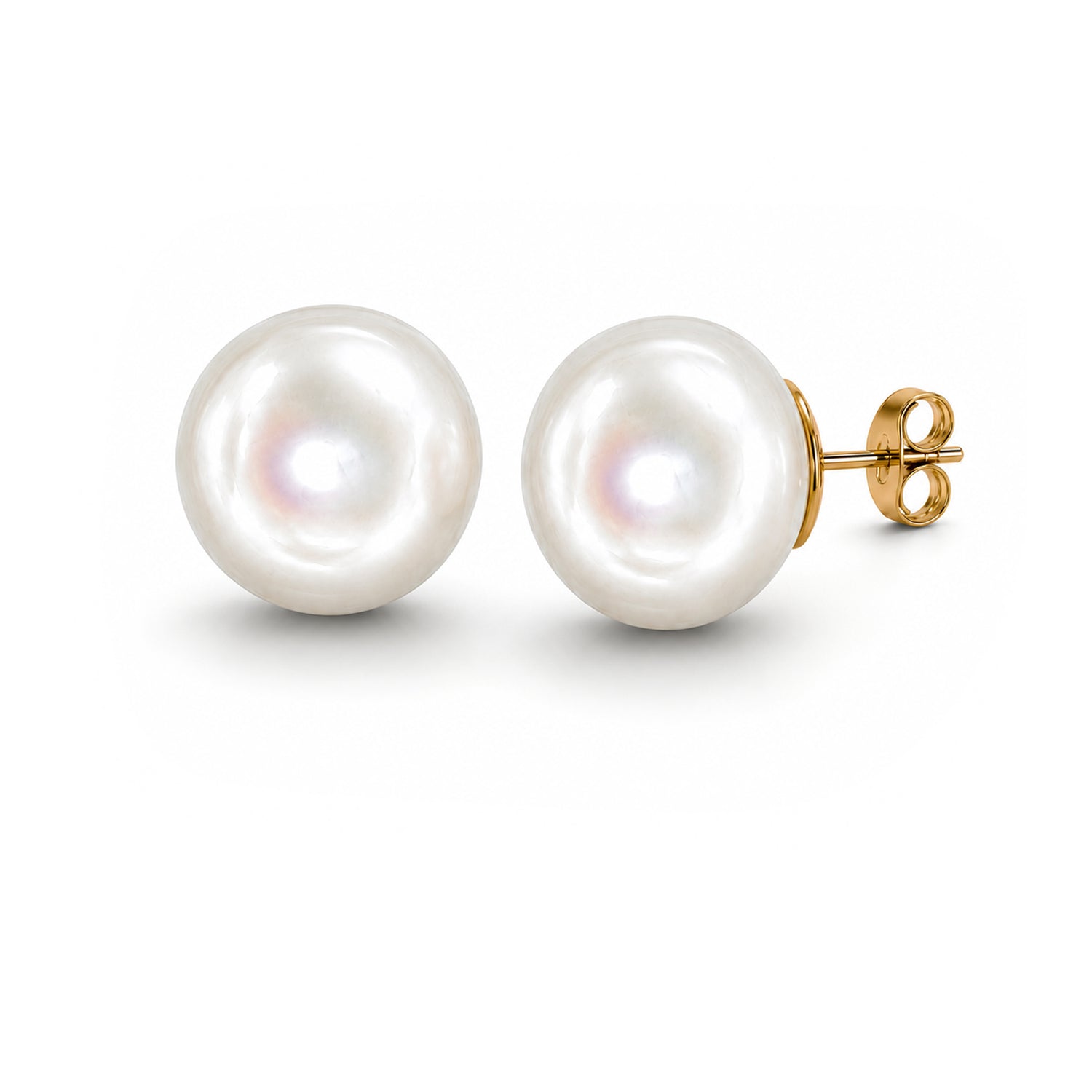 9ct Yellow Gold Natural Freshwater Button Pearl Stud Earrings — 12-12.5mm