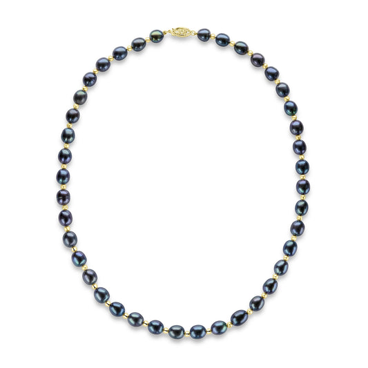 9ct Yellow Gold Bead and Black Oval Natural Pearl Necklace