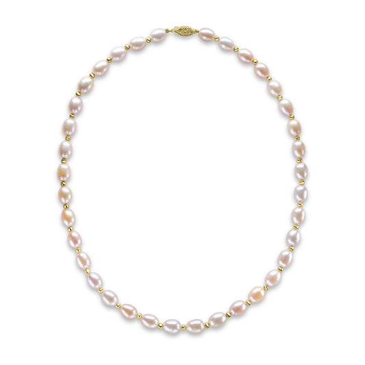 9ct Yellow Gold Bead and Pink Oval Natural Pearl Necklace