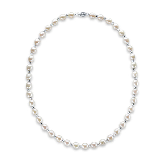 9ct White Gold Bead and White Oval Natural Pearl Necklace