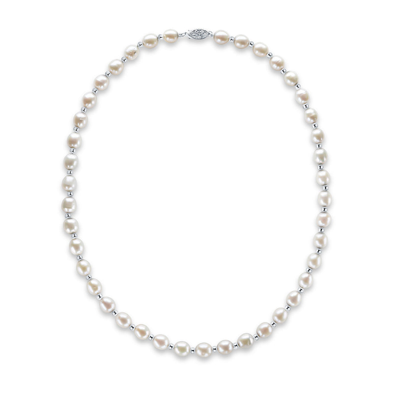 9ct White Gold Bead and White Oval Pearl Necklace